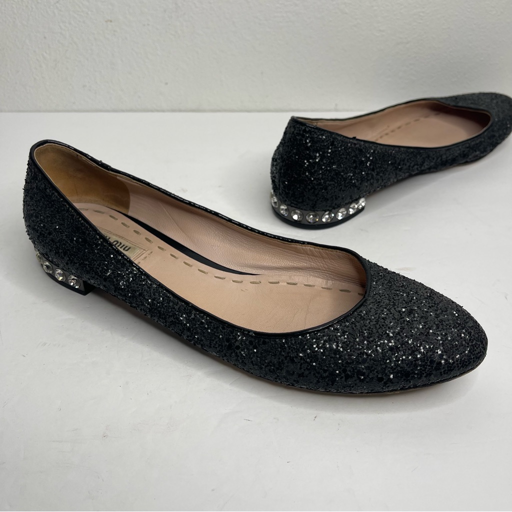 Miu Miu Black Glitter Crystal Embellished Heel Ballet Flat Size 39.5 Designer